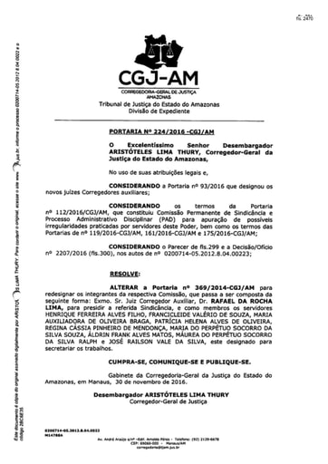 Portaria nº224/2016-CGJ/AM (Altera a Portaria nº 369/2014-CGJ/AM para redesignar os integrantes da Comissão)