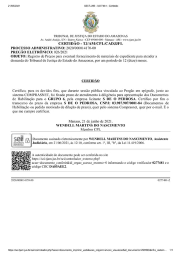 PREGÃO ELETRÔNICO Nº 026/2021 - CERTIDÃO DECURSO DE PRAZO - HABILITAÇÃO - GRUPO 6 - S DE O PEDROSA