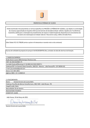PREGÃO ELETRÔNICO Nº 013/2021 - PROPOSTA RETIFICADA - LUCENA