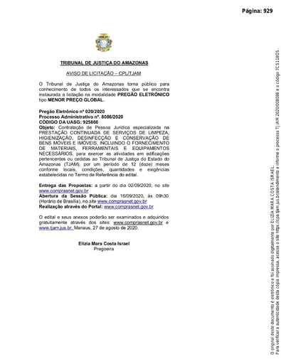 PREGÃO ELETRÔNICO Nº 020/2020 - AVISO DE LICITAÇÃO