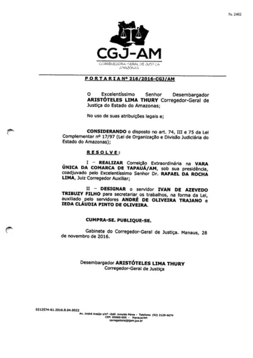 Portaria nº216/2016-CGJ/AM (Realiza Correição Extraordinária na Vara Única da Comarca de Tapauá/AM)