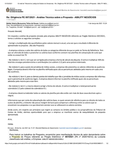 PREGÃO ELETRÔNICO Nº 007/2021 – DILIGÊNCIA CPL À DIVISÃO DE INFRAESTRUTURA E LOGÍSTICA - PROPOSTA - ABILITY