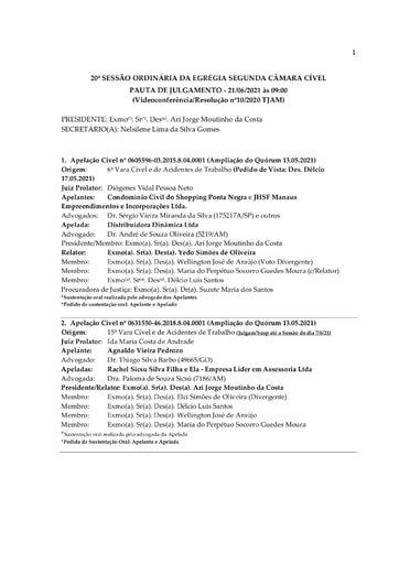 Pauta de Julgamento da Sessão Ordinária da Segunda Câmara Cível - 21.06.2021(Videoconferência)