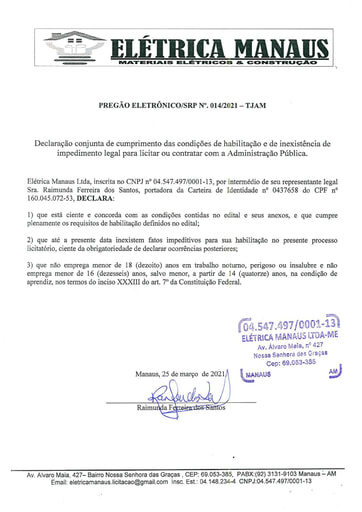 PREGÃO ELETRÔNICO Nº 014/2021 - HABILITAÇÃO - DOCUMENTOS COMPLEMENTARES - GRUPO 6 - ELETRICA MANAUS