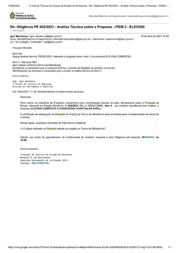 PREGÃO ELETRÔNICO Nº 002/2021 – DILIGÊNCIA CPL À DIVISÃO DE PATRIMÔNIO E MATERIAL - PROPOSTA  -  ITEM 2 - ELEVONI