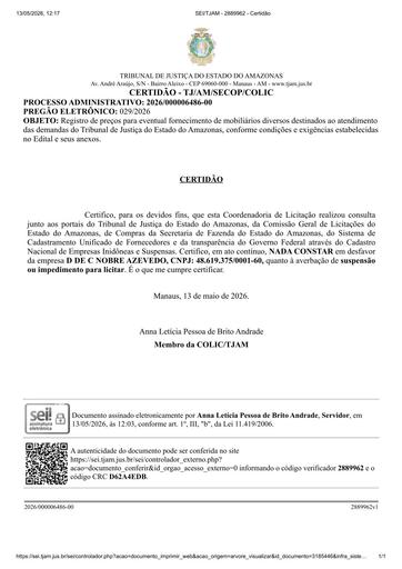 PREGÃO ELETRÔNICO Nº 029/2026 - CERTIDÃO NADA CONSTA - D DE C NOBRE AZEVEDO