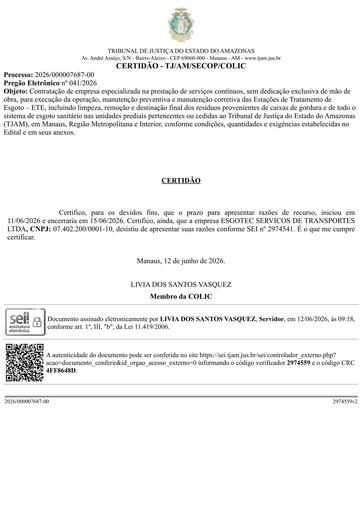 PREGÃO ELETRÔNICO Nº 041/2026 - DESISTÊNCIA - ENVIO DAS RAZÕES
