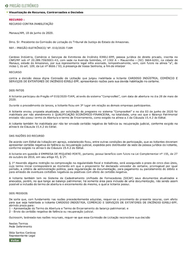 PREGÃO ELETRÔNICO Nº 010/2020 - RAZÕES RECURSAIS - CARDOSO INDUSTRIA