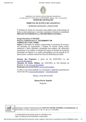 PREGÃO ELETRÔNICO Nº 043/2022 - AVISO DE LICITAÇÃO