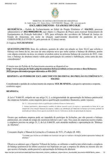 PREGÃO ELETRÔNICO Nº 016/2022 - RESPOSTA AO PEDIDO DE ESCLARECIMENTO - YEX