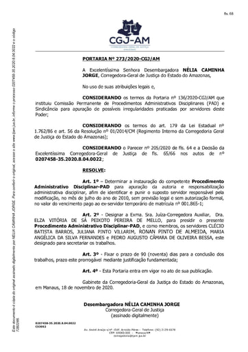 Portaria nº 273/2020-CGJ/AM (Determinar a instauração do competente Procedimento Administrativo Disciplinar-PAD para apuração da autoria e responsabilização administrativa disciplinar)