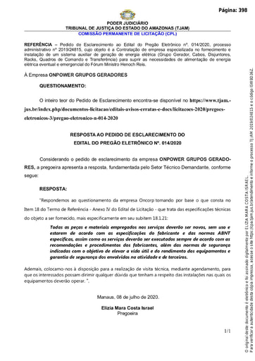 PREGÃO ELETRÔNICO Nº 014/2020 - RESPOSTA AO PEDIDO DE ESCLARECIMENTO - ONPOWER