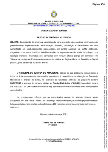 PREGÃO ELETRÔNICO Nº 009/2021 – COMUNICADO 004/2021 - SUSPENSÃO
