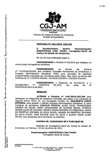 Portaria nº223/2016-CGJ/AM (Alterar o art. 2º da Portaria nº 97/2015-CGJ/AM para redesignar os integrantes da Comissão)