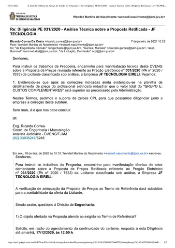 PREGÃO ELETRÔNICO Nº 031/2020 - DILIGÊNCIA CPL À DIVISÃO DE ENGENHARIA - PROPOSTA RETIFICADA - JF TECNOLOGIA
