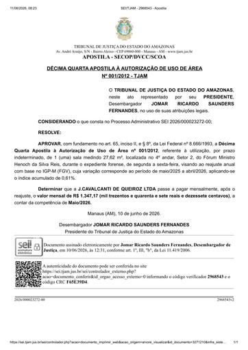 DÉCIMA QUARTA APOSTILA À AUTORIZAÇÃO DE USO DE ÁREA N° 001.2012 - TJAM x J. CAVALCANTI DE QUEIROZ LTDA.pdf