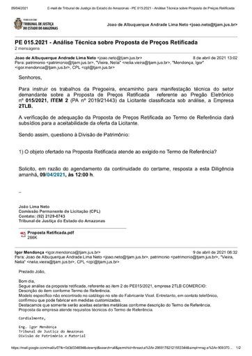 PREGÃO ELETRÔNICO Nº 015/2021 - DILIGÊNCIA CPL À DIVISÃO DE PATRIMÔNIO - PROPOSTA RETIFICADA - ITEM 2 - 2TLB