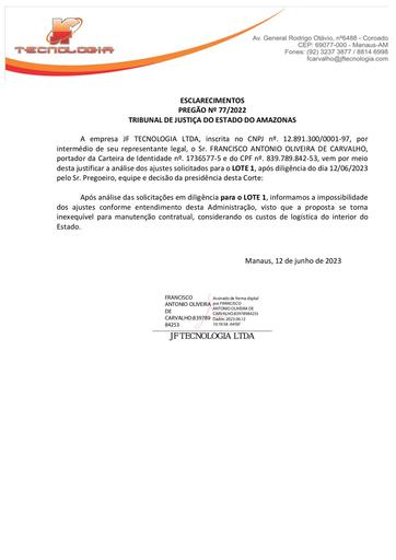 PREGÃO ELETRÔNICO Nº 077/2022 - PROPOSTA -GRUPO 1 - JF TECNOLOGIA