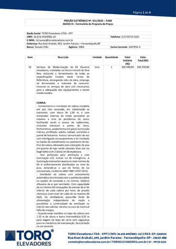 PREGÃO ELETRÔNICO Nº 011/2022 - PROPOSTA RETIFICADA E CATÁLOGOS - TORO ELEVADORES