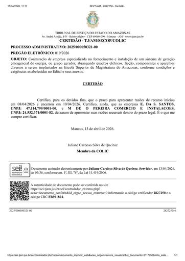 PREGÃO ELETRÔNICO Nº 019/2026 - CERTIDÃO DE RAZÕES NÃO APRESENTADAS