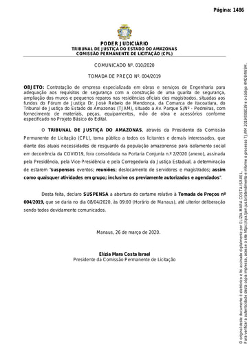 TOMADA DE PREÇO Nº. 004/2019 - COMUNICADO Nº 010/2020