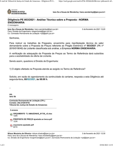 PREGÃO ELETRÔNICO Nº 003/2021 - DILIGÊNCIA CPL À DIVISÃO DE ENGENHARIA - PROPOSTA - NORMA ENGENHARIA