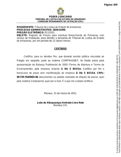PREGÃO ELETRÔNICO Nº 011/2021 - CERTIDÃO DECURSO DE PRAZO - G DA S BESSA