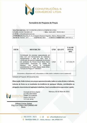 TOMADA DE PREÇOS N° 005/2021 - PROPOSTA RETIFICADA - WT CONSTRUÇÕES