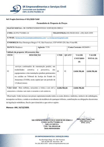 PREGÃO ELETRÔNICO Nº 031/2020 - PROPOSTA RETIFICADA - SR EMPREEDIMENTOS