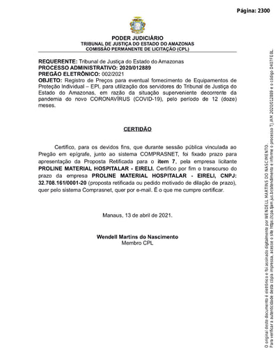 PREGÃO ELETRÔNICO Nº 002/2021 - CERTIDÃO DECURSO DE PRAZO - ITEM 7 - PROLINE