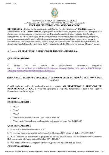 PREGÃO ELETRÔNICO Nº 036/2022 - RESPOSTA AO PEDIDO DE ESCLARECIMENTO - VR BENEFÍCIOS