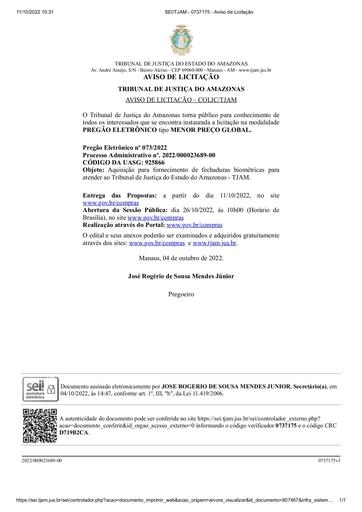 PREGÃO ELETRÔNICO Nº 073/2022 - AVISO DE LICITAÇÃO