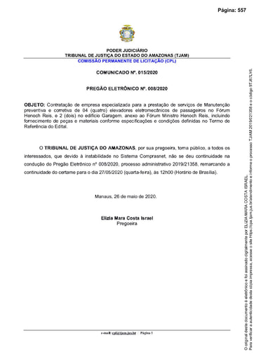 PREGÃO ELETRÔNICO Nº 008/2020 – COMUNICADO 015/2020