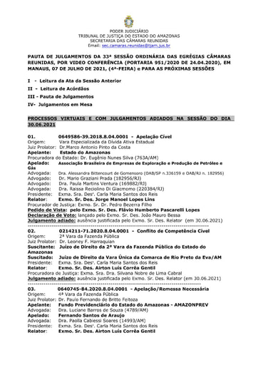 PAUTA DE JULGAMENTOS DO DIA 07 07 2021