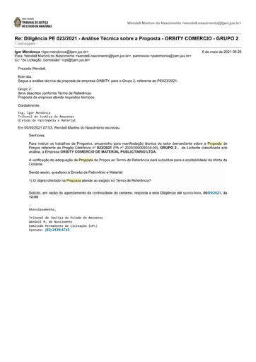 PREGÃO ELETRÔNICO Nº 023/2021 – DILIGÊNCIA CPL À DIVISÃO DE PATRIMÔNIO - PROPOSTA - ORBITY COMERCIO - GRUPO 2