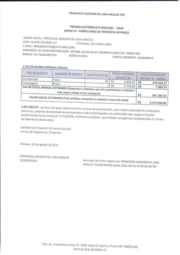 PREGÃO ELETRÔNICO Nº 039/2021 - PROPOSTA - FRANCISCO