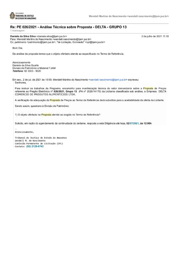 PREGÃO ELETRÔNICO Nº 026/2021 - DILIGÊNCIA CPL À DIVISÃO DE PATRIMÔNIO - PROPOSTA - GRUPO 13 - DELTA