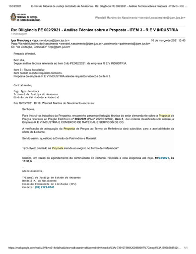 PREGÃO ELETRÔNICO Nº 002/2021 – DILIGÊNCIA CPL À DIVISÃO DE PATRIMÔNIO E MATERIAL - PROPOSTA - ITEM 3 - R E V INDUSTRIA