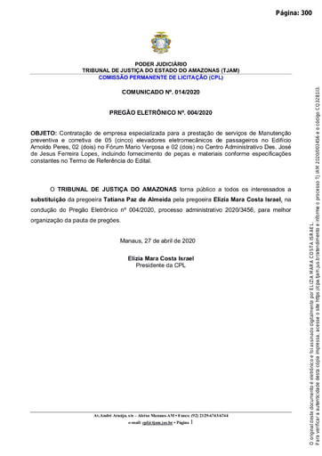 PREGÃO ELETRÔNICO Nº 004/2020 – COMUNICADO 014/2020 - SUBSTITUIÇÃO DE PREGOEIRA