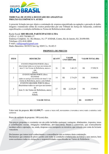PREGÃO ELETRÔNICO Nº 043/2021 - PROPOSTA - RIO BRASIL