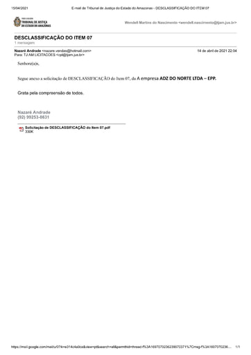 PREGÃO ELETRÔNICO Nº 002/2021 - PEDIDO DE DESCLASSIFICAÇÃO - ITEM 7 - ADZ DO NORTE
