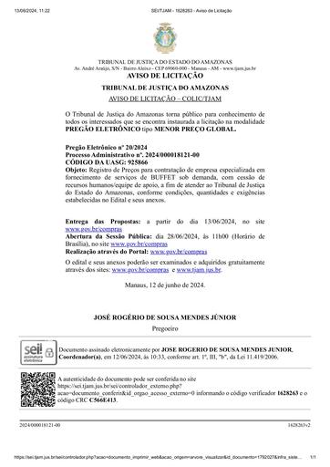 PREGÃO ELETRÔNICO Nº 020/2024 - AVISO DE LICITAÇÃO
