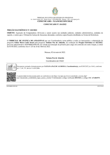 PREGÃO ELETRÔNICO Nº 022/2022 - COMUNICADO Nº 014/2022 - SUBSTITUIÇÃO DA PREGOEIRA