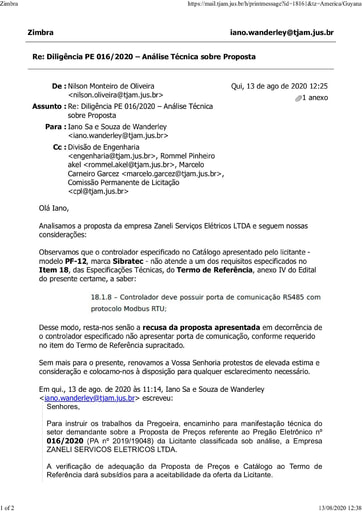 PREGÃO ELETRÔNICO Nº 016/2020 - DILIGÊNCIA CPL À DIVISÃO DE ENGENHARIA - PROPOSTA - ZANELI SERVIÇOS