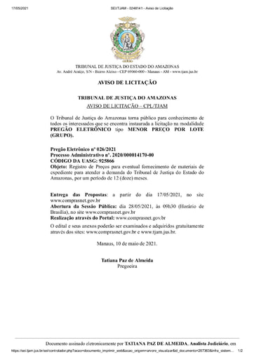 PREGÃO ELETRÔNICO Nº 026/2021 - AVISO DE LICITAÇÃO