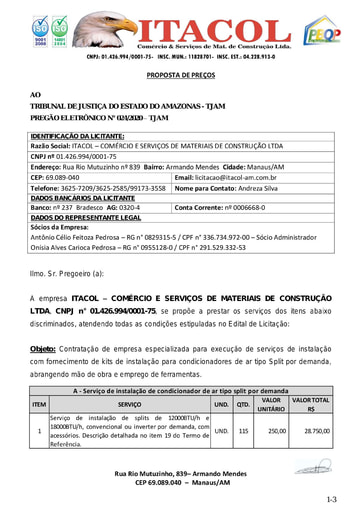 PREGÃO ELETRÔNICO Nº 024/2020 - PROPOSTA - ITACOL