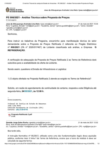 PREGÃO ELETRÔNICO Nº 006/2021 – DILIGÊNCIA CPL À DIVISÃO DE INFRAESTRUTURA E LOGÍSTICA - PROPOSTA RETIFICADA 2 - G REFRIGERAÇÃO
