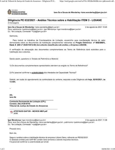 PREGÃO ELETRÔNICO Nº 032/2021 – DILIGÊNCIA CPL À DIVISÃO DE PATRIMÔNIO - DOCUMENTAÇÃO - LIDIANE