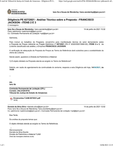 PREGÃO ELETRÔNICO Nº 027/2021 - DILIGÊNCIA CPL À DIVISÃO DE PATRIMÔNIO - PROPOSTA - FRANCISCO JACKSON - ITENS 2 E 3