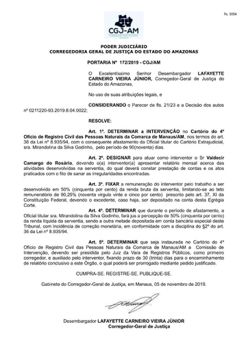 Portaria nº172/2019-CGJ/AM (Determina a Intervenção no Cartório do 4º Ofício de Registro Civil das Pessoas Naturais da Comarca de Manaus/AM)